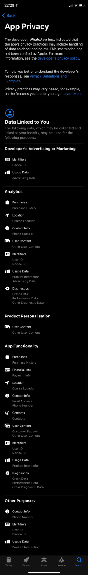 Datenschutzeinstellungen von WhatsApp im Apple iOS App Store
