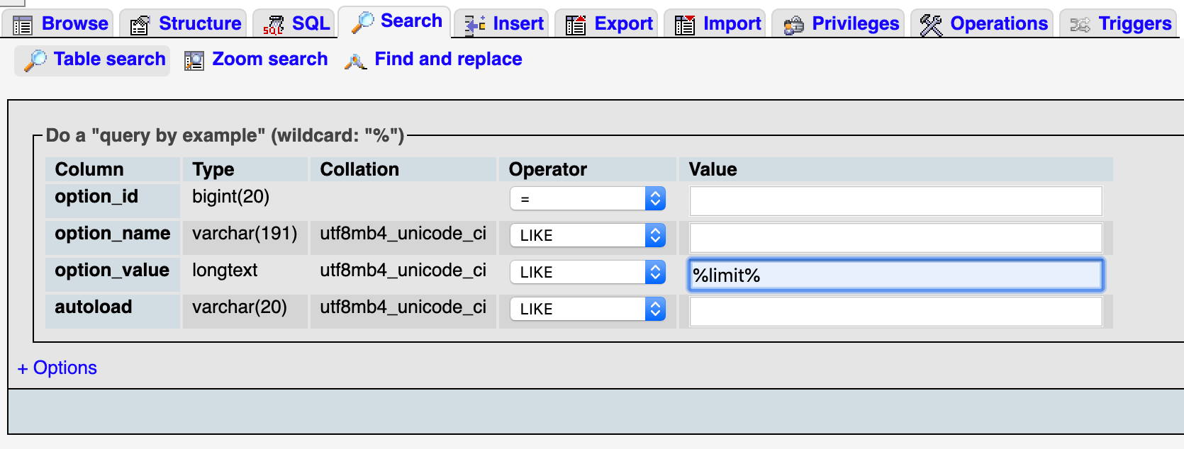 Suche in phpMyAdmin - option_value = %limit%