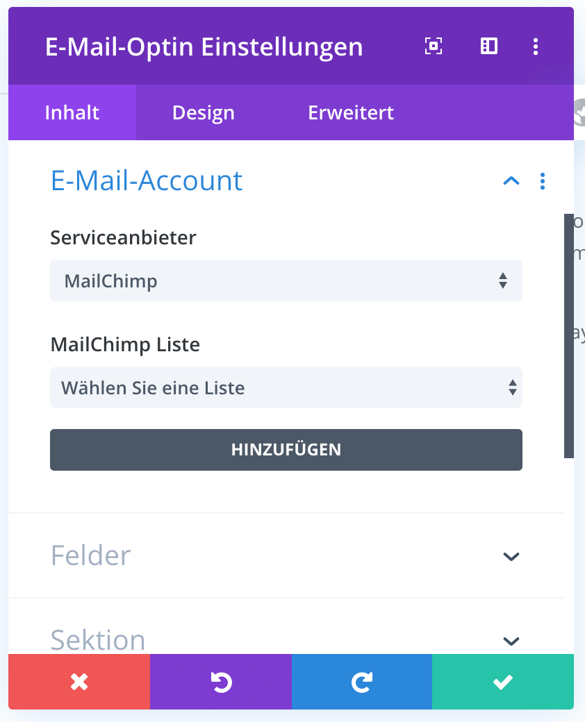 MailChimp & Divi: E-Mail-Account-Einstellungen