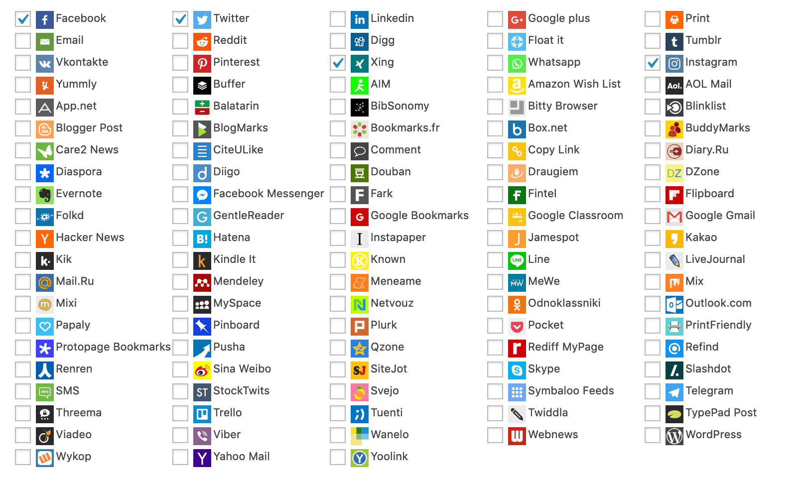 Sassy Social Share - Liste aller Netzwerke