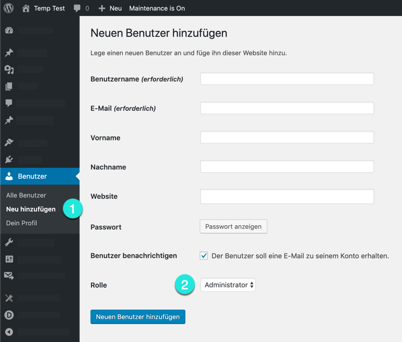 WordPress neuen Benutzer hinzufügen - Administrator