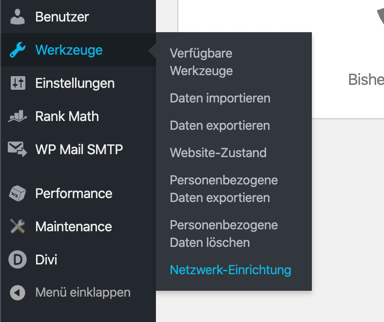 WordPress Multisite Netzwerk: Werkzeuge - Netzwerk-Einrichtung