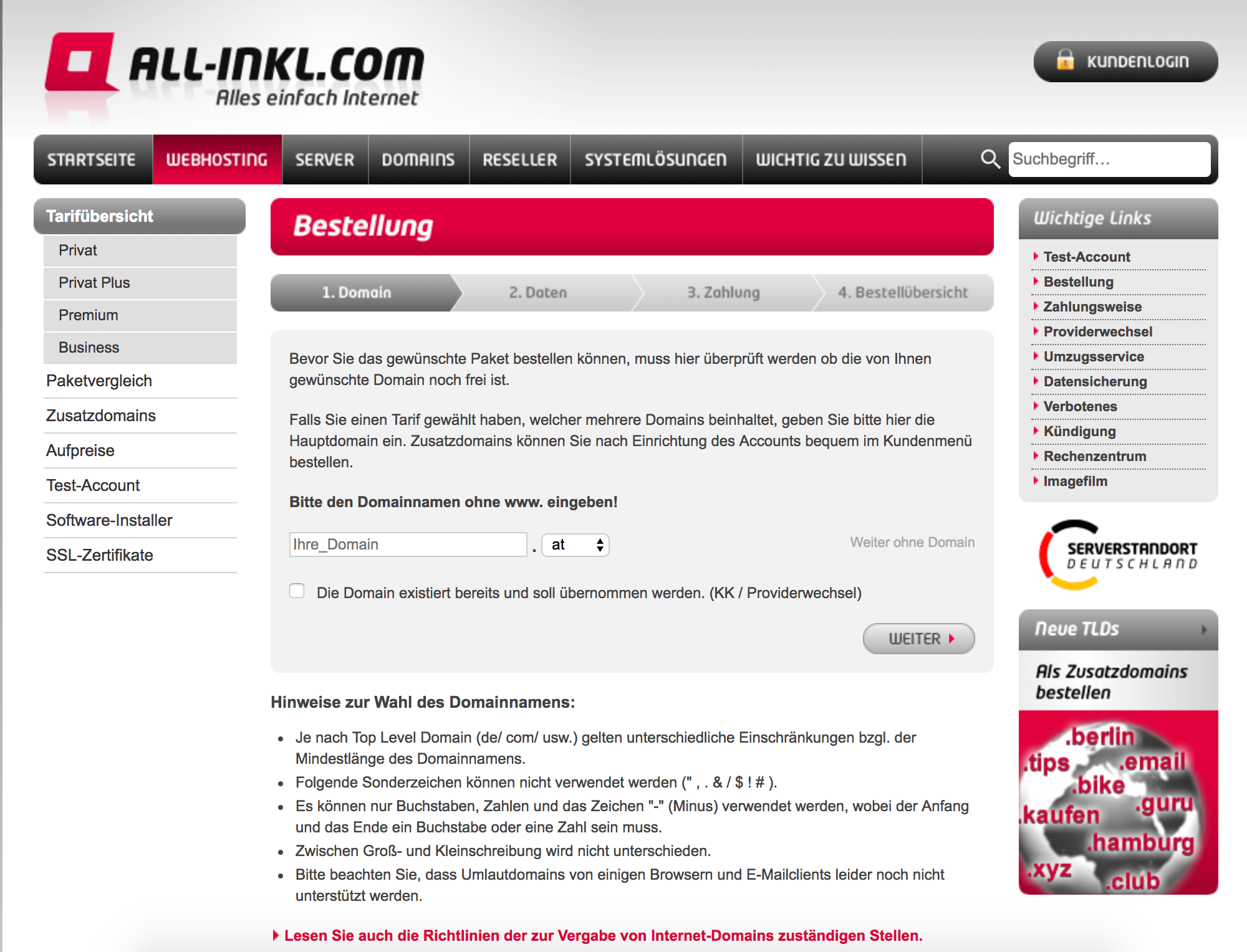 All-Inkl Bestellung - Domain Eingabe