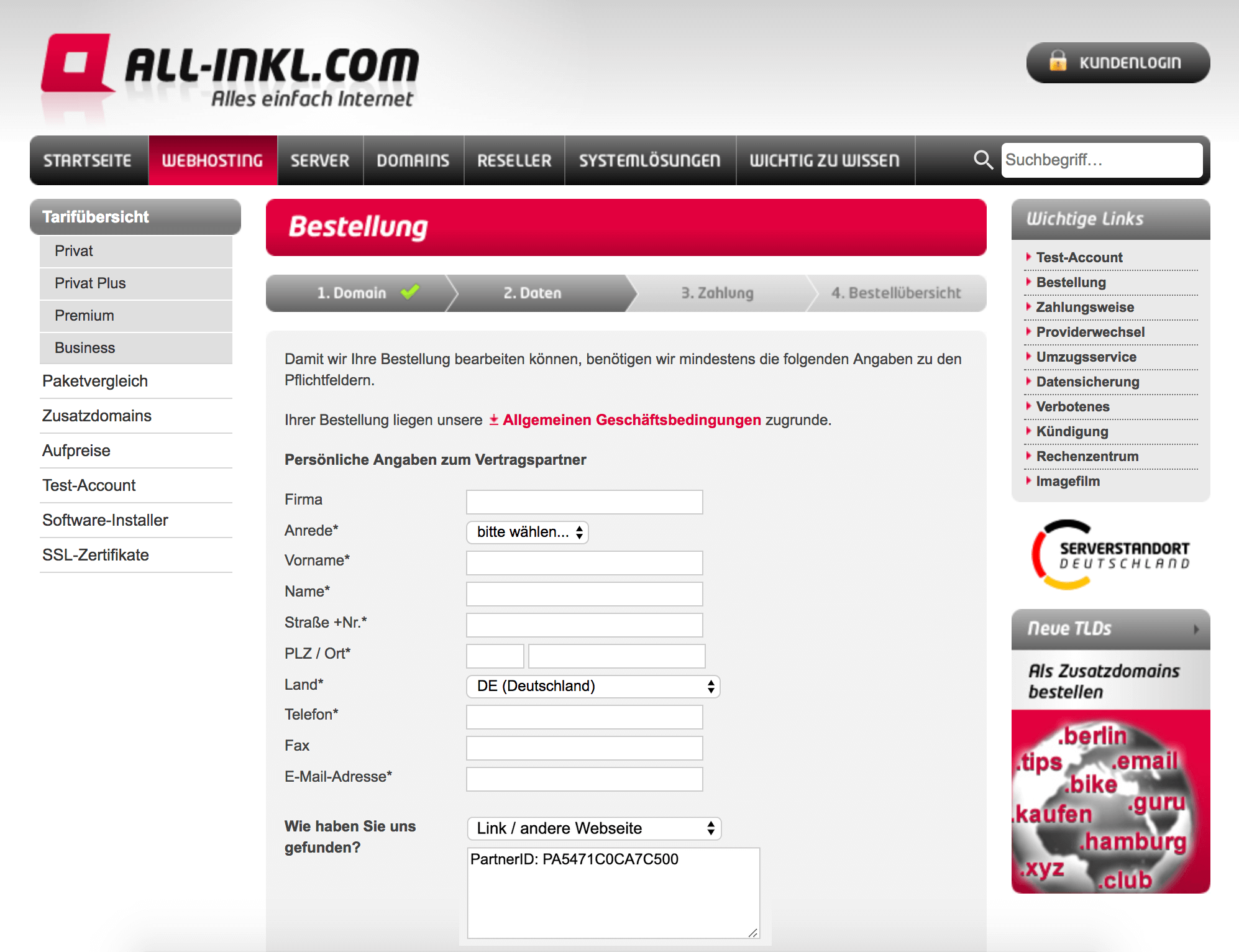 All-Inkl Bestellung - Persönliche Daten