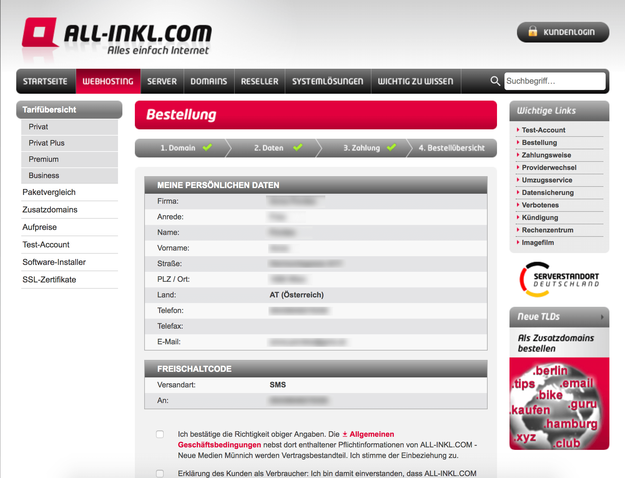 All-Inkl Bestellung - Bestellübersicht