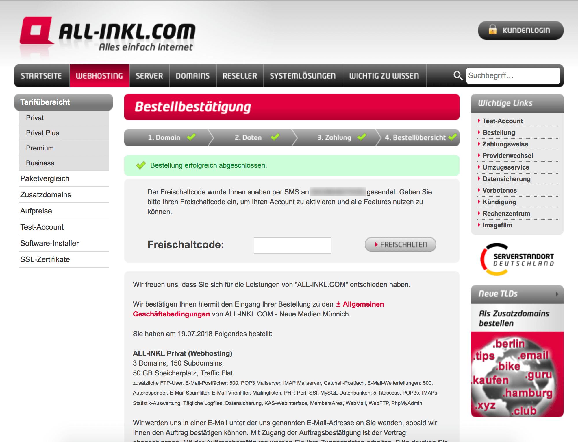 All-Inkl Bestellung - Freischaltcode