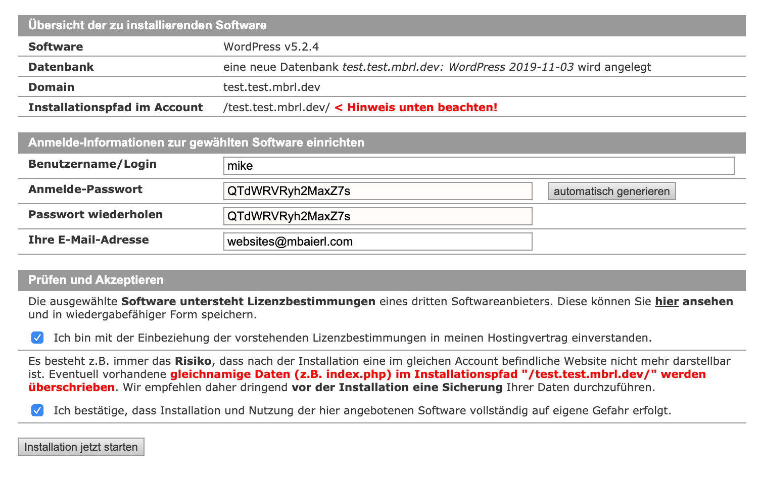 WordPress auf All-Inkl.com installieren: Anmelde-Informationen eingeben