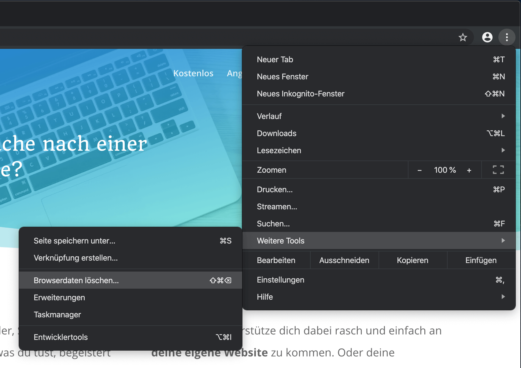Browser Cache löschen: Menü in Google Chrome
