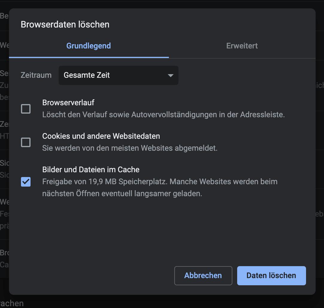 Browser Cache löschen: Google Chrome "Browserdaten löschen"