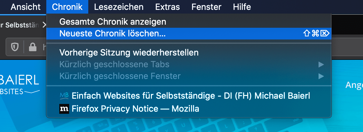Browser Cache löschen: Neueste Chronik löschen - Mozilla Firefox am Mac