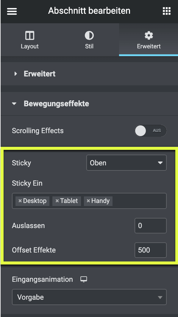 Sticky-Einstellungen für den Abschnitt