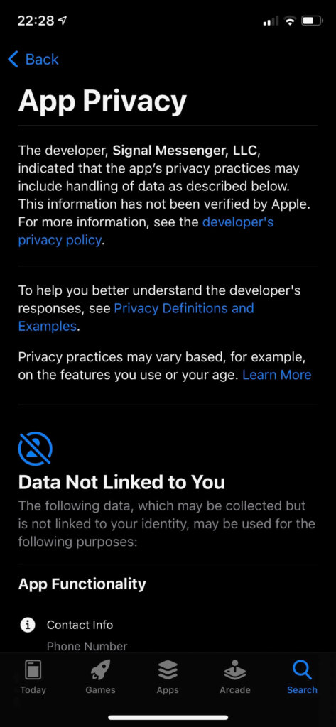 Datenschutzeinstellungen von Signal im Apple iOS App Store