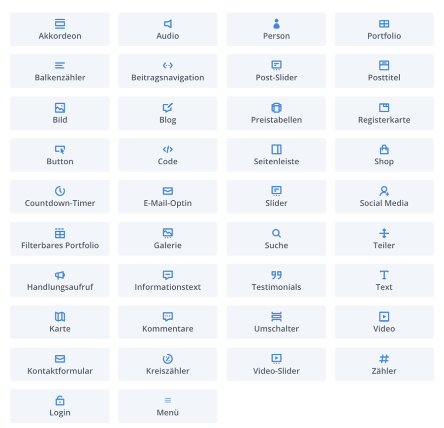 divi-module-list Divi vs. Elementor Pro: Modules from Divi