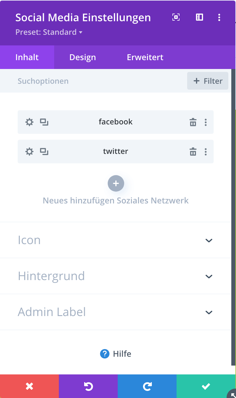 Social Media Modul von Divi