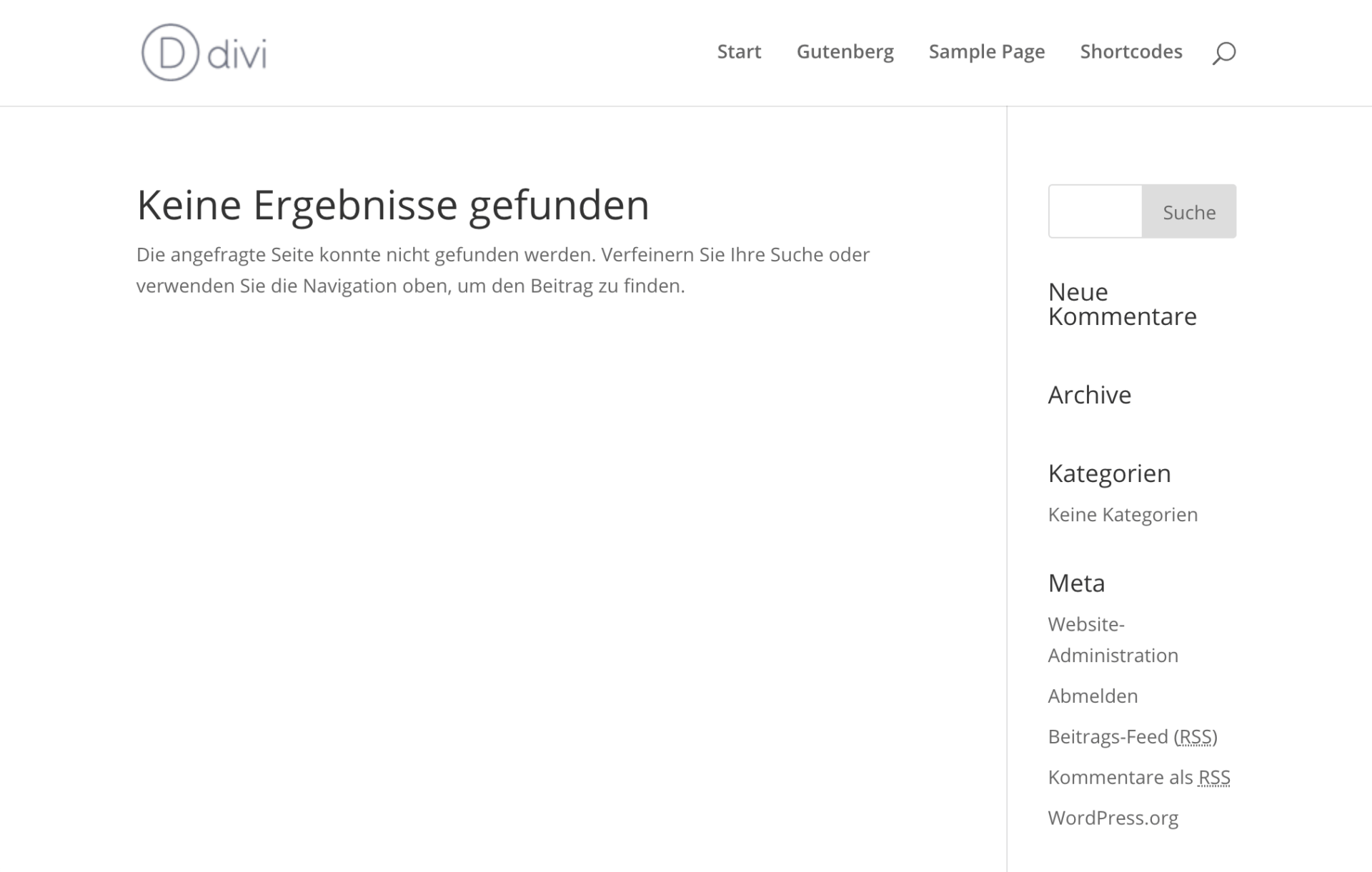 Divi Standard 404-Fehler-Seite. Unsexy.