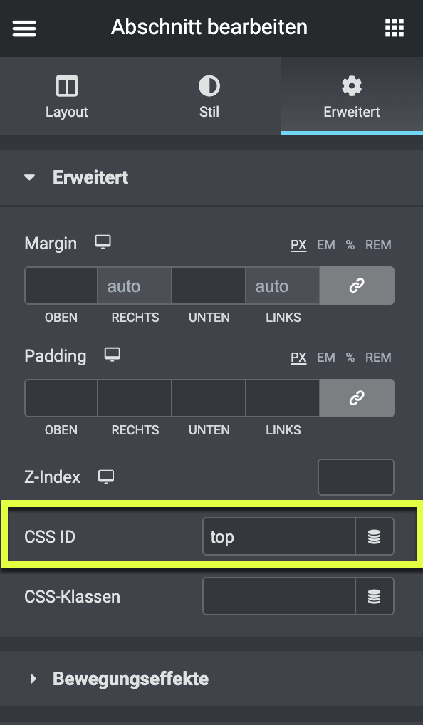Die CSS ID eines Abschnitts