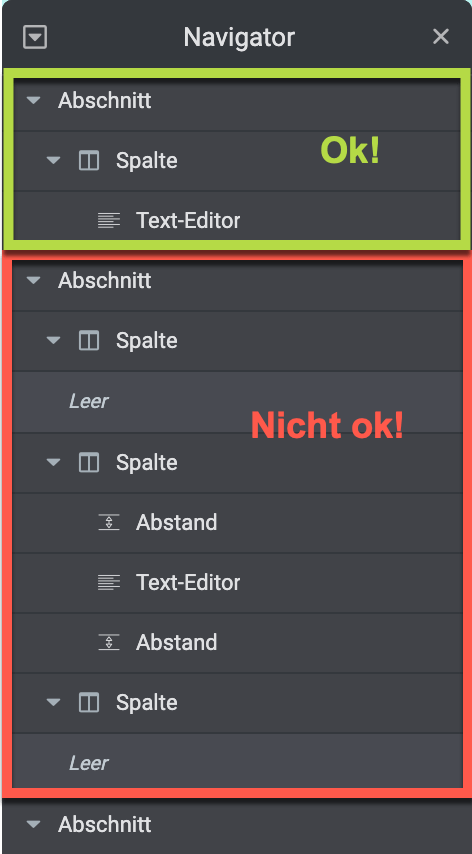 Elementor-Fehler sind auch im Navigator von Elementor sichtbar.