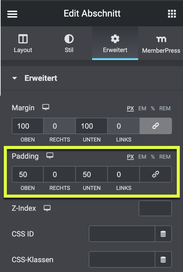Fehler mit Elementor und Margin bzw. Padding