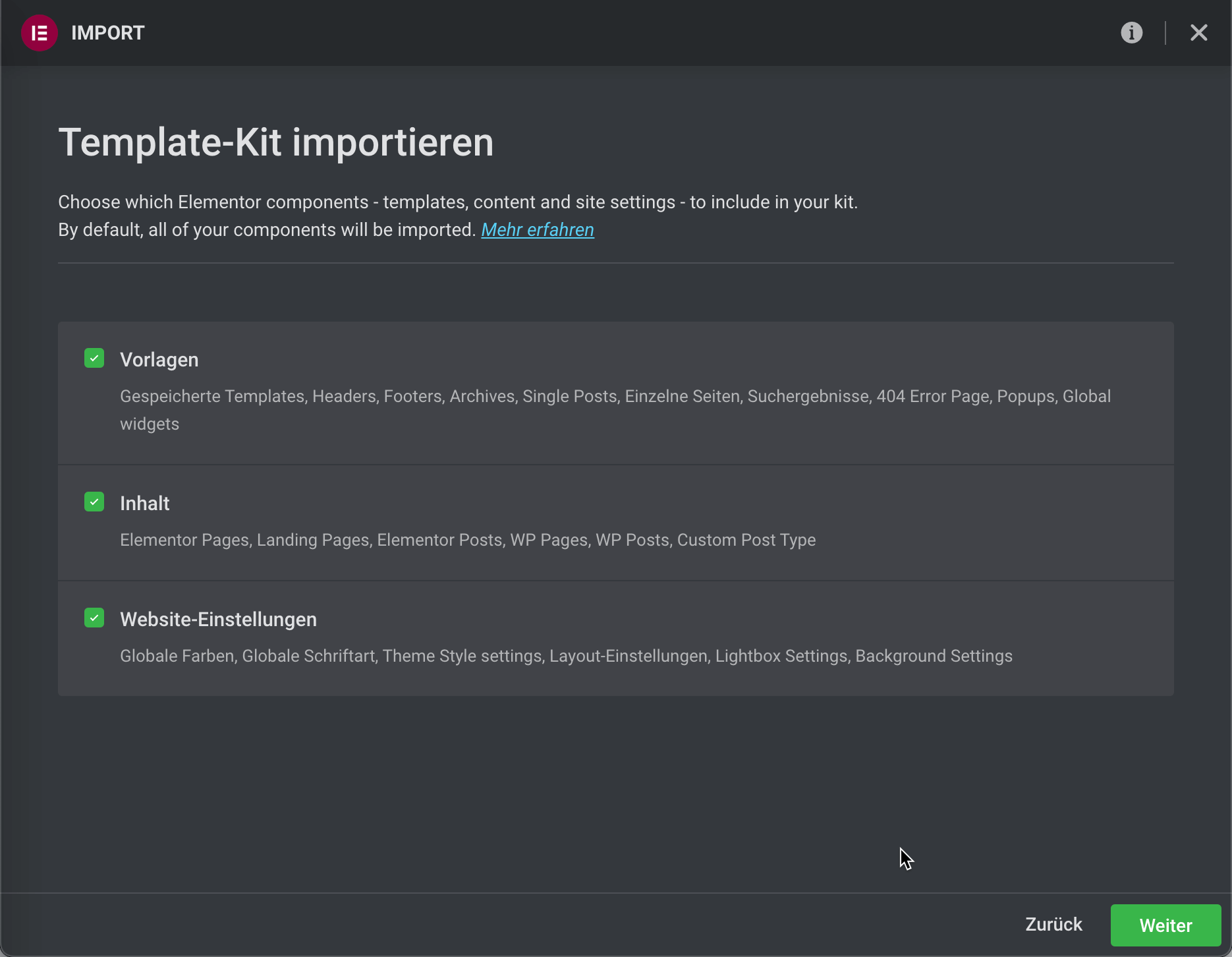 Elementor Kit importieren