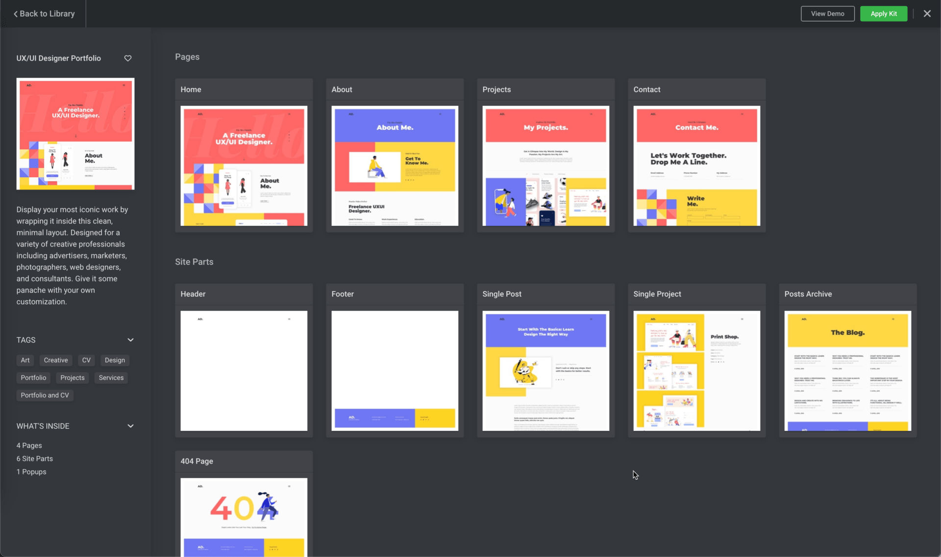 Seiten und Templates eines Elementor Kits