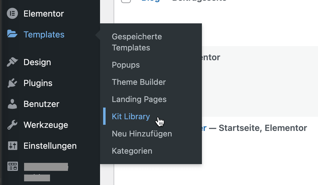 Elementor Kits im WordPress Dashboard