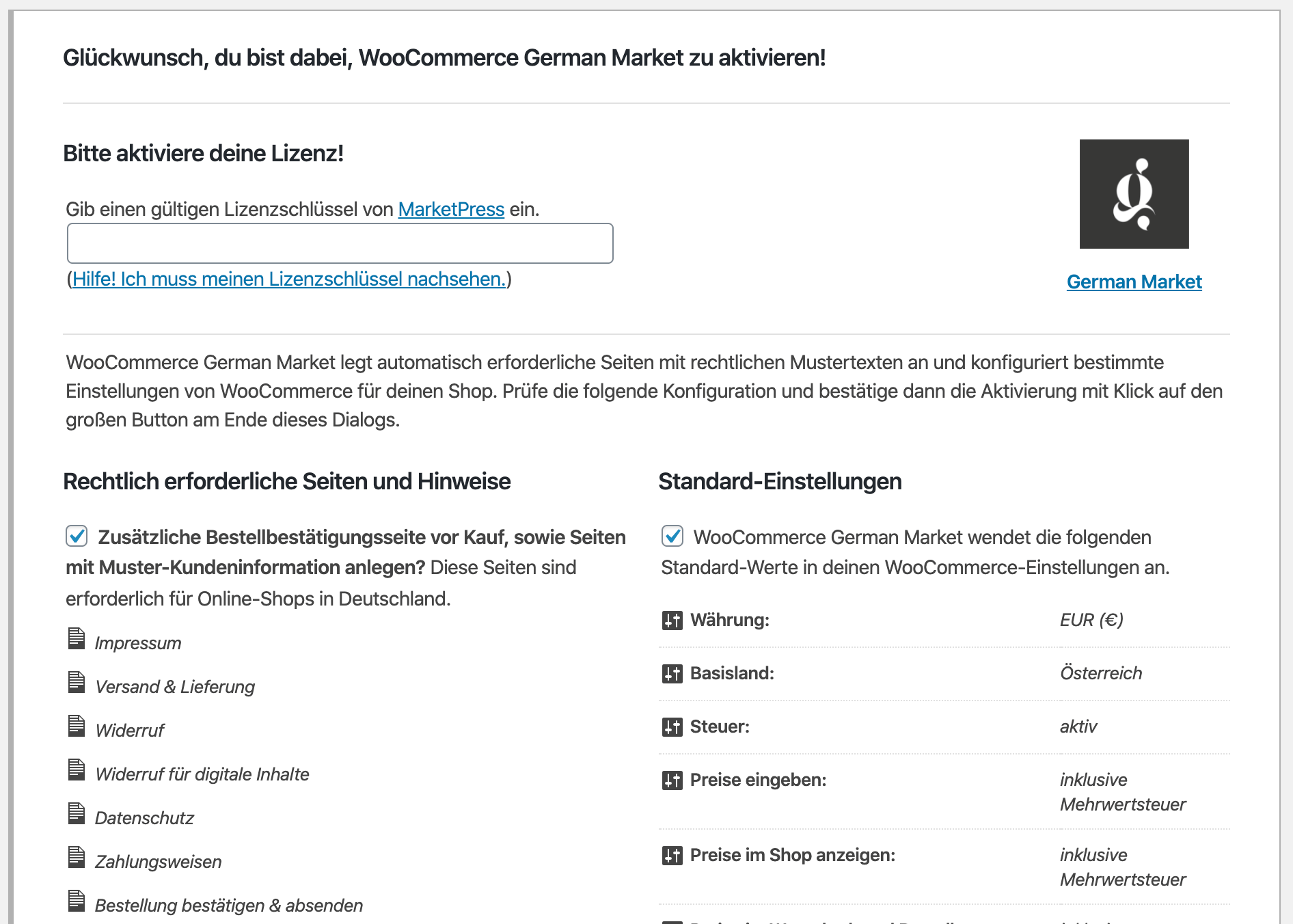 WordPress Online Shop: German Market Welcome Wizard