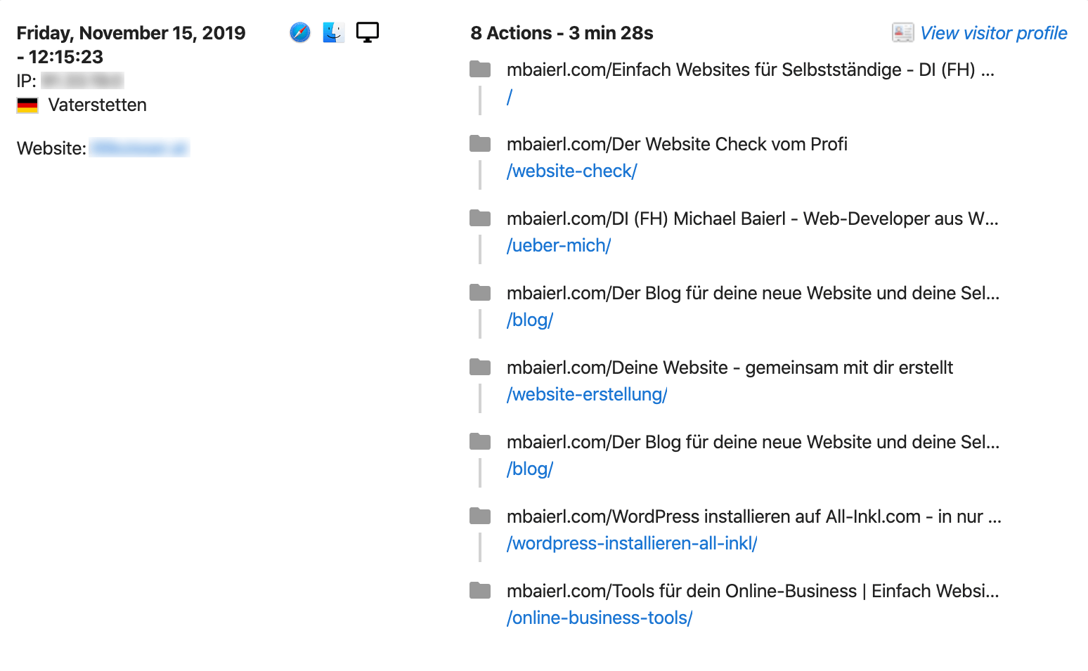Matomo WordPress Plugin: Details eines Besuchers