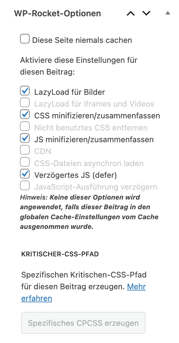 WP Rocket Einstellungen auf einzelnen Seiten und Beiträgen