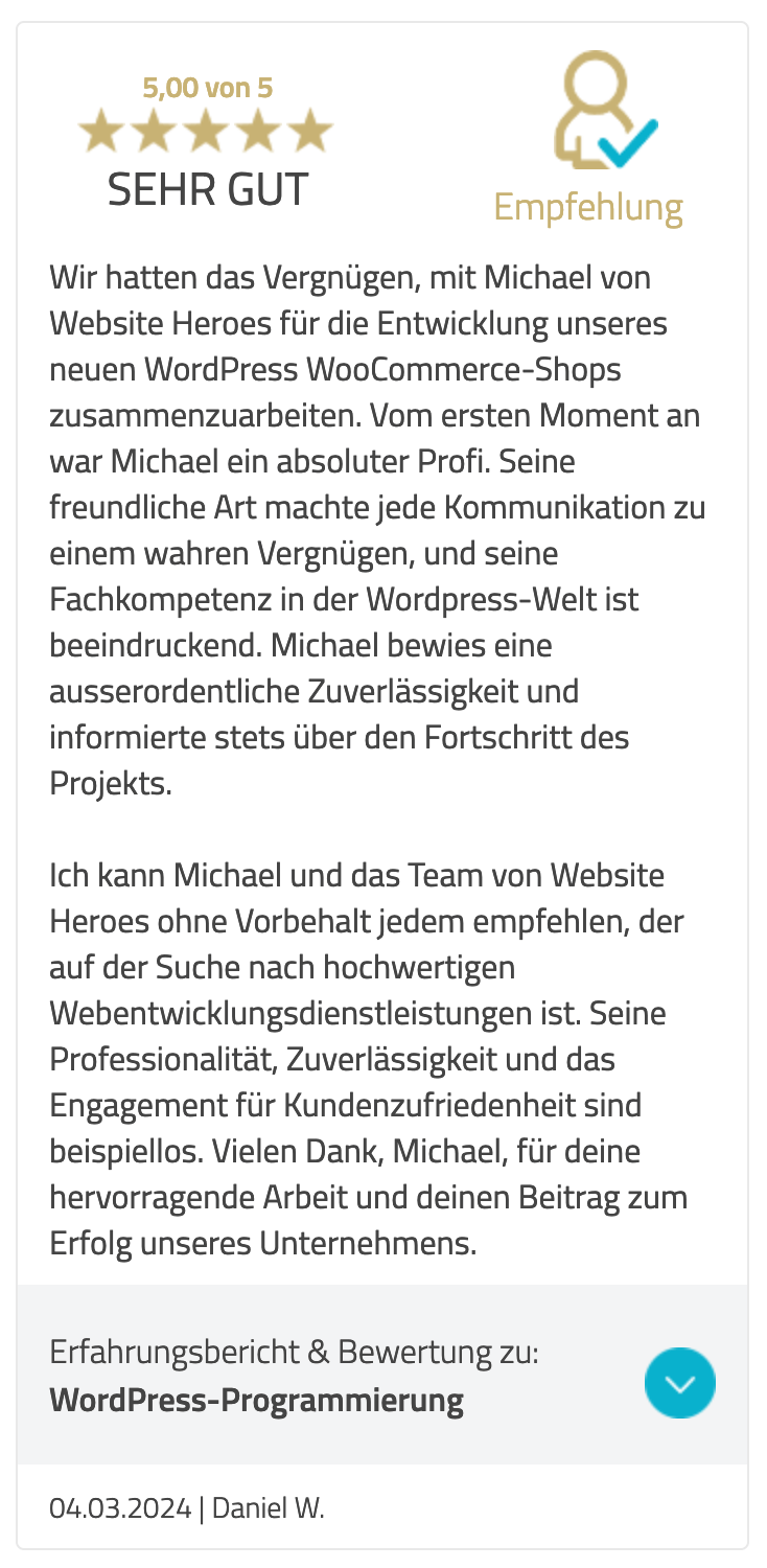 Kundenstimme Daniel Zundershop für WordPress Programmierung