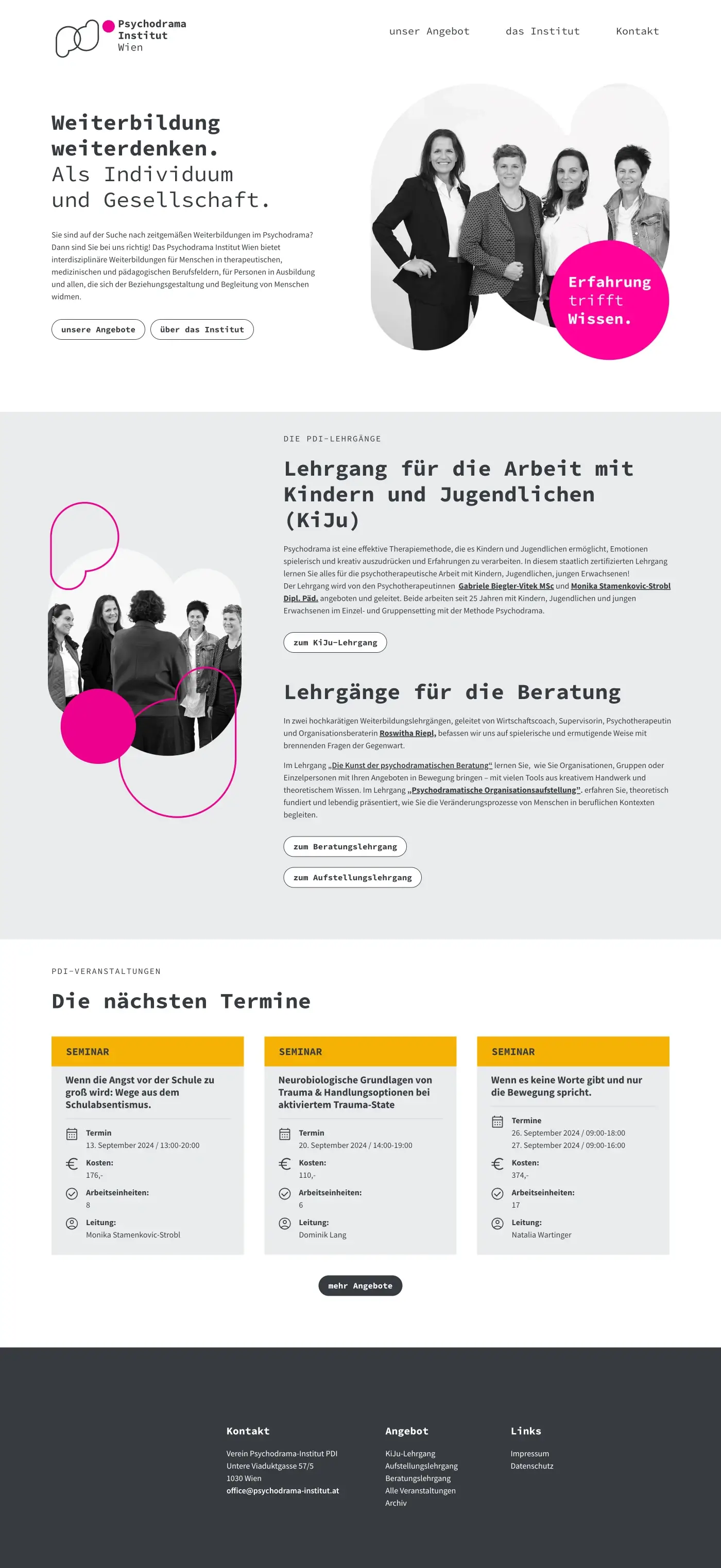WordPress-Website mit Elementor - Psychodrama Institut Wien - Weiterbildungsdatenbank und Lehrgänge