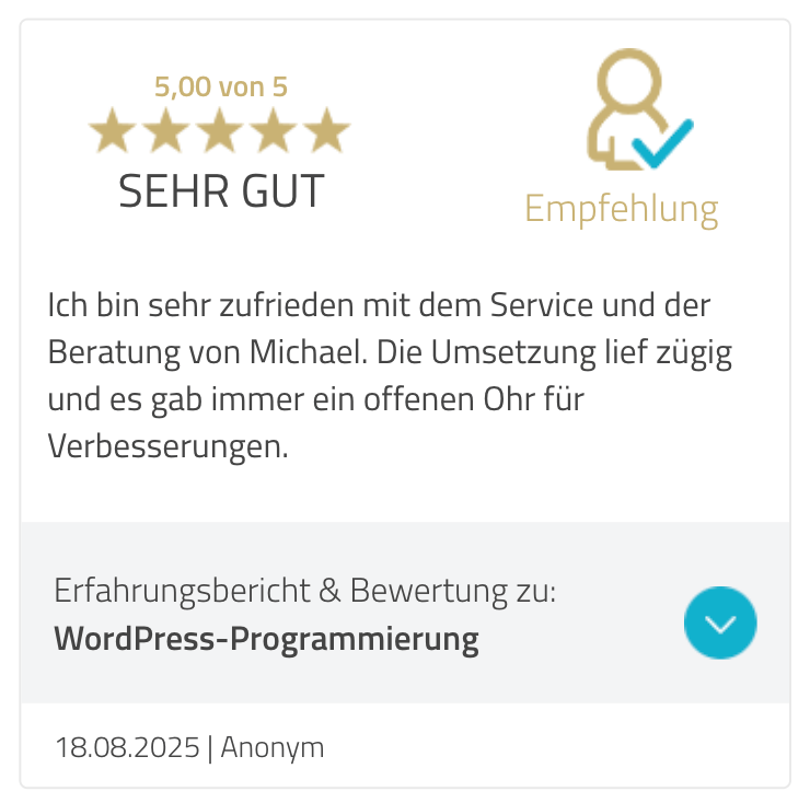 Ich bin sehr zufrieden mit dem Service und der Beratung von Michael. Die Umsetzung lief zügig und es gab immer ein offenen Ohr für Verbesserungen.