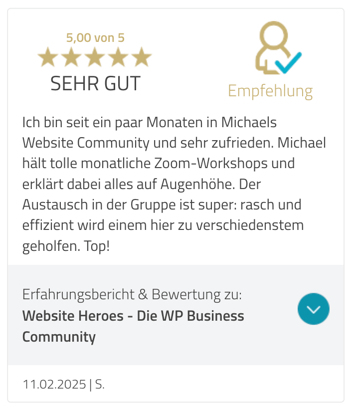 Ich bin seit ein paar Monaten in Michaels Website Community und sehr zufrieden. Michael hält tolle monatliche Zoom-Workshops und erklärt dabei alles auf Augenhöhe. Der Austausch in der Gruppe ist super: rasch und effizient wird einem hier zu verschiedenstem geholfen. Top!