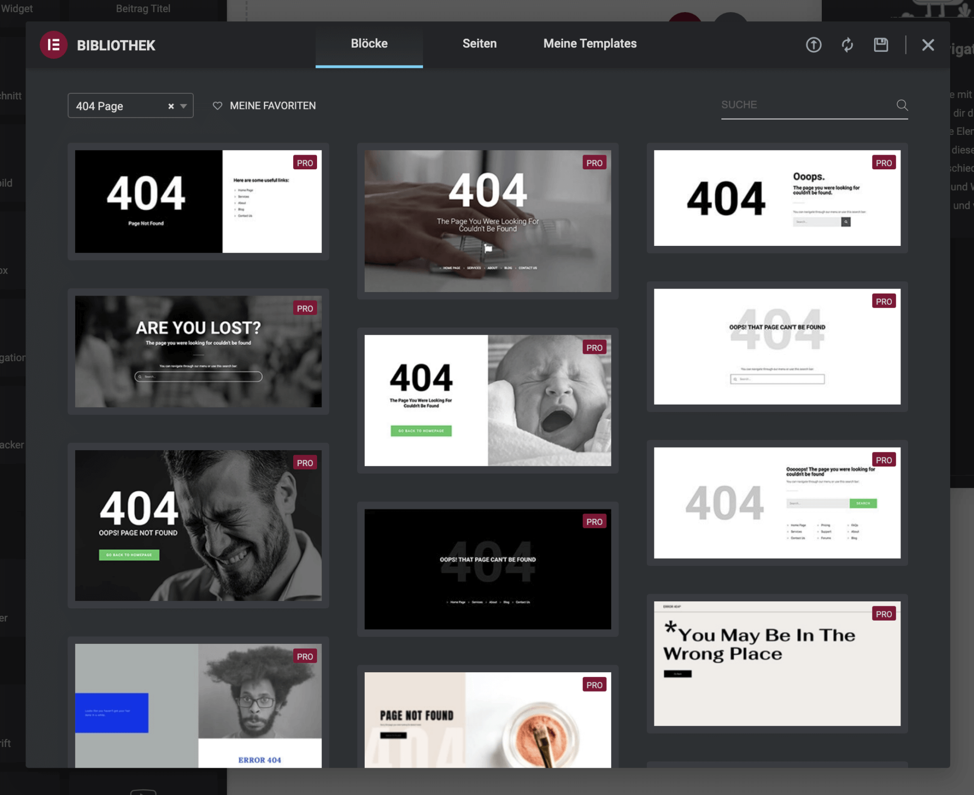 Wähle eine 404-Design aus der Elementor Bibliothek