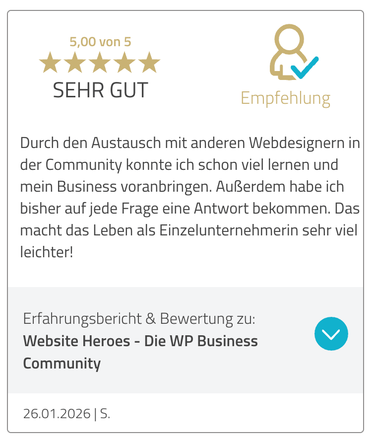 Website Heroes Bewertung: Durch den Austausch mit anderen Webdesignern in der Community konnte ich schon viel lernen und mein Business voranbringen. Außerdem habe ich bisher auf jede Frage eine Antwort bekommen. Das macht das Leben als Einzelunternehmerin sehr viel leichter!
