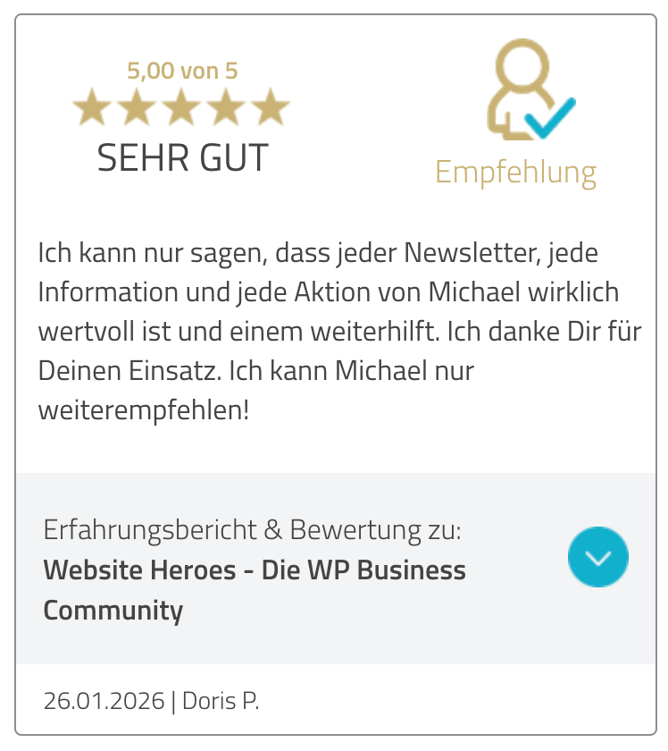 Bewertung von Doris P.: Ich kann nur sagen, dass jeder Newsletter, jede Information und jede Aktion von Michael wirklich wertvoll ist und einem weiterhilft. Ich danke Dir tur Deinen Einsatz. Ich kann Michael nur weiterempfehlen!