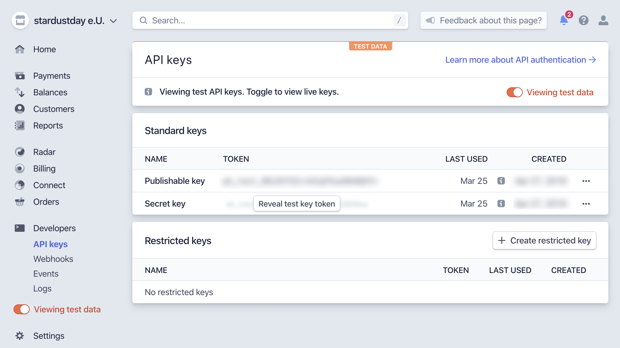 WordPress Online Shop: Stripe Developers Backend - API Keys
