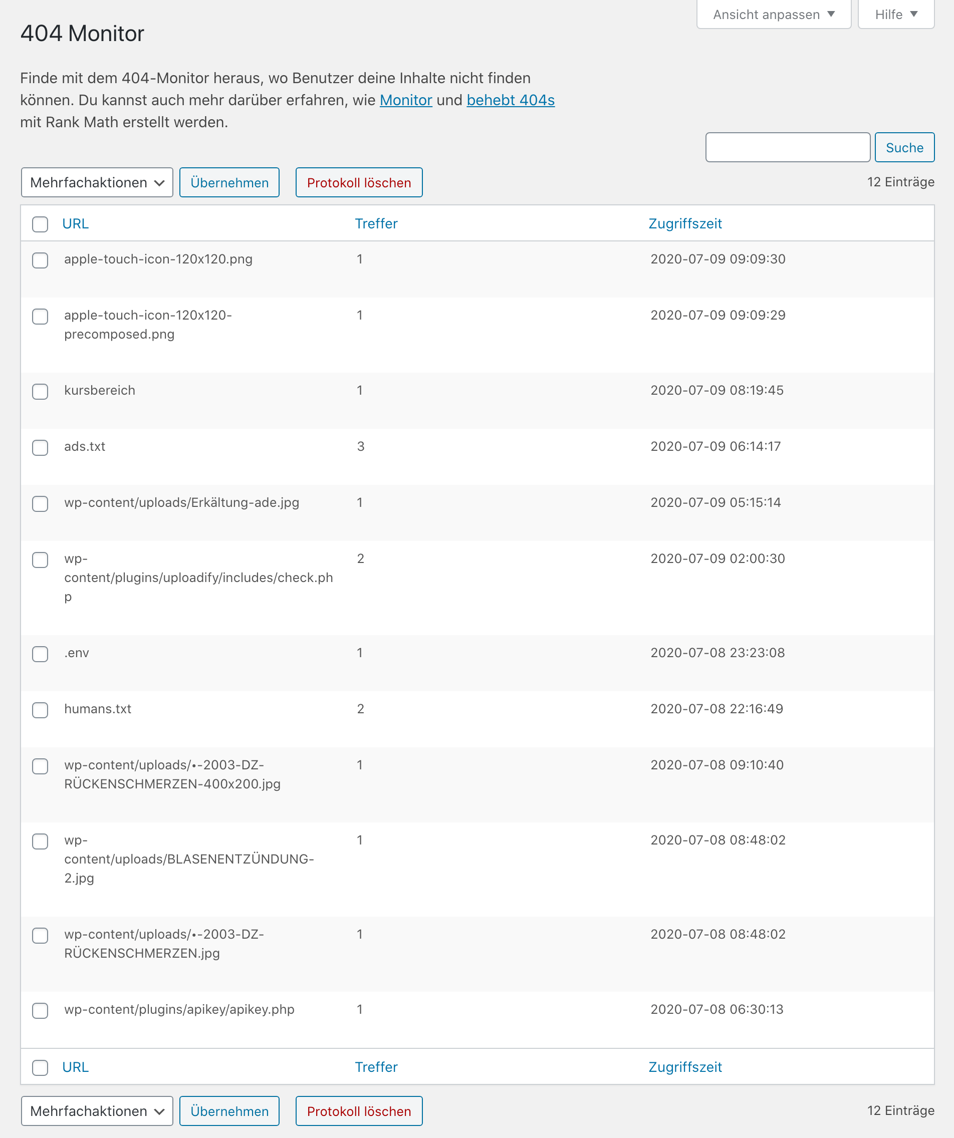 Rank Math SEO Plugin: 404 Monitor - Beispiel
