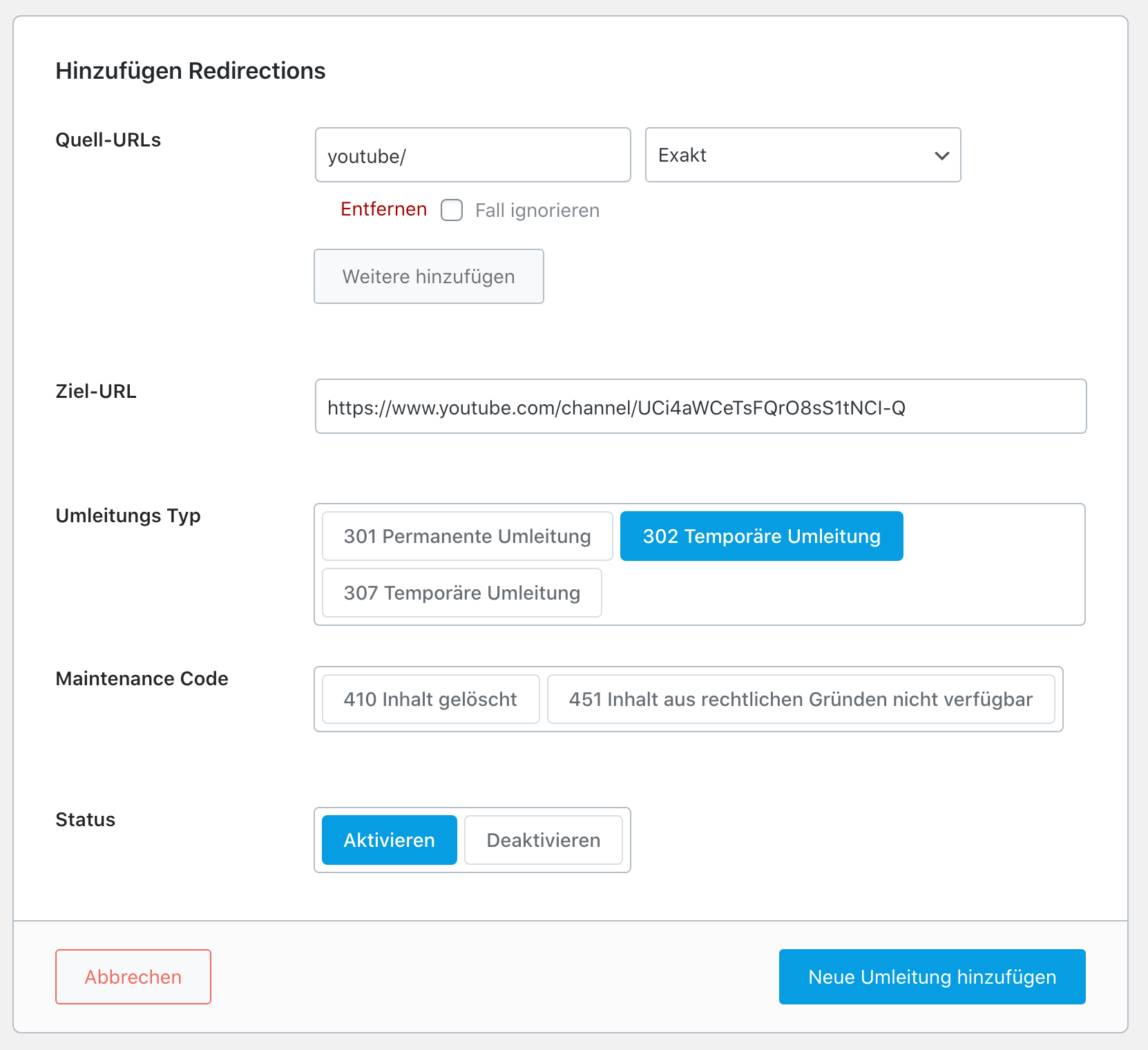 Rank Math SEO Plugin: Redirect hinzufügen und Weiterleitung einrichten