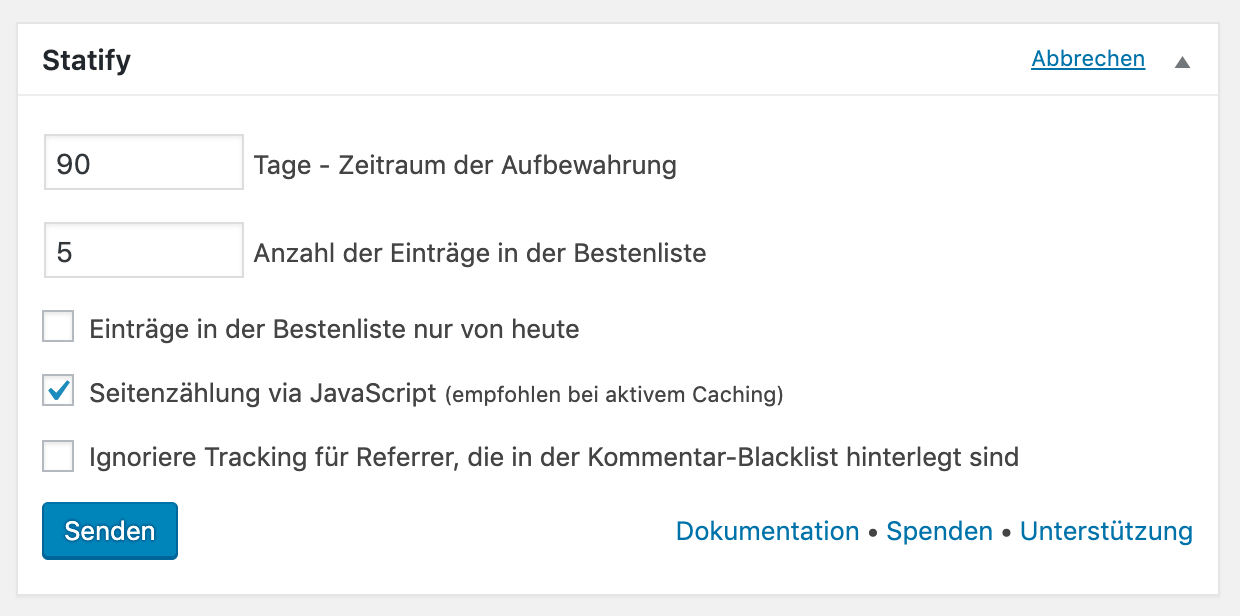 Statify WordPress statistics: Statify settings