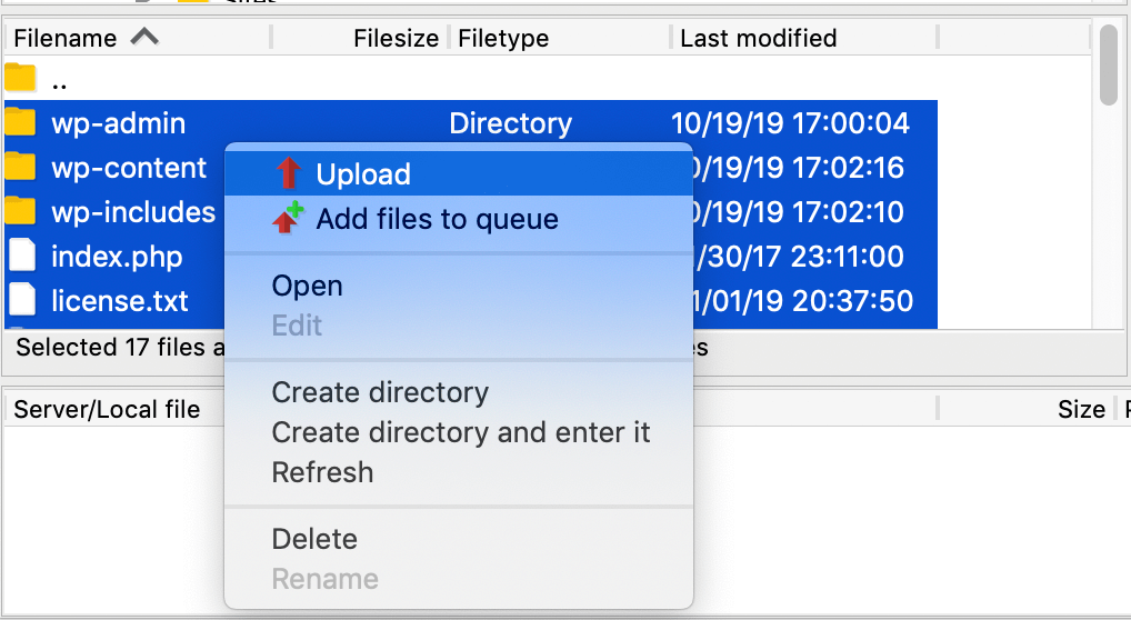 WordPress selbst installieren: Filezilla Upload von WordPress