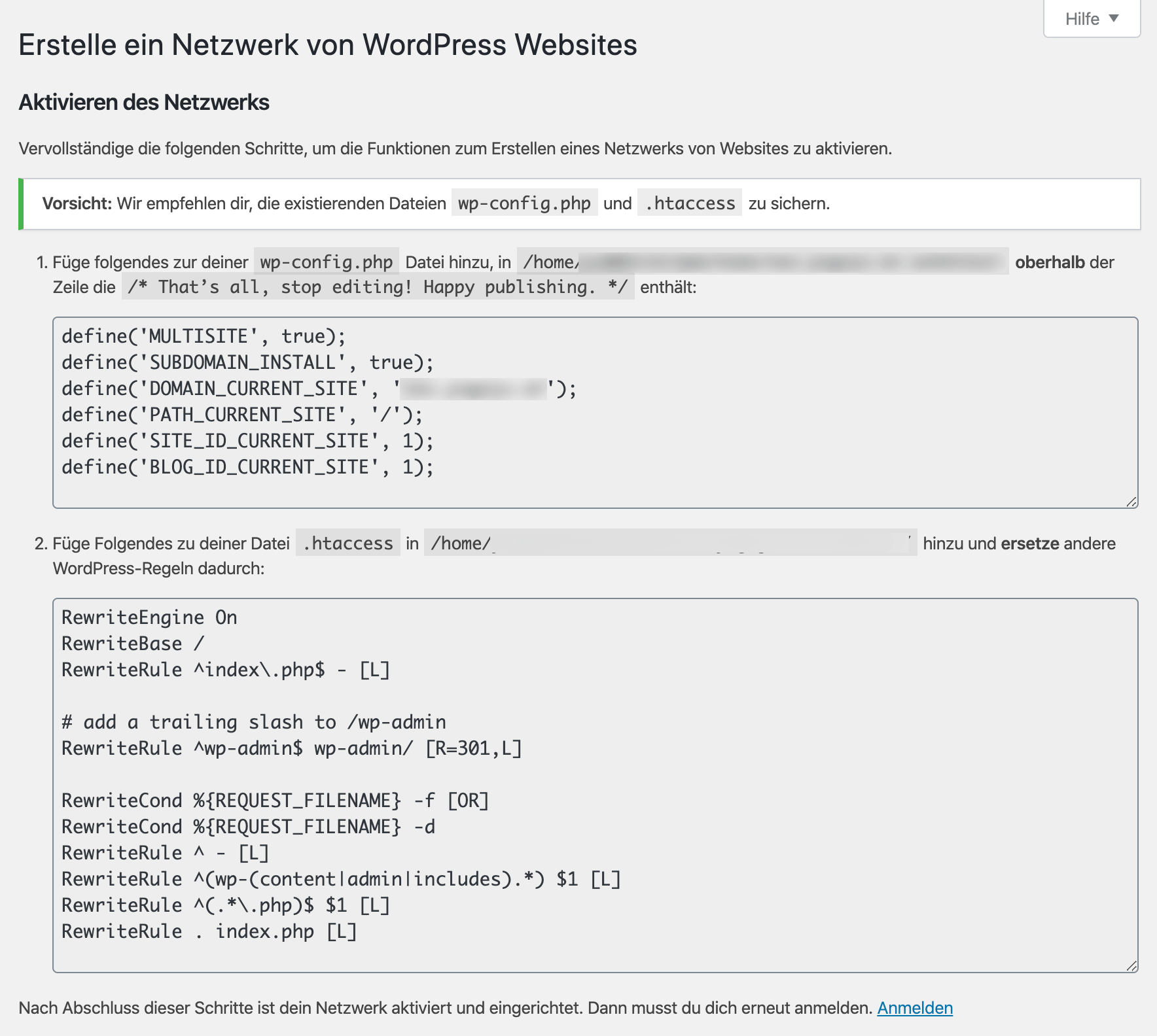 WordPress Multisite Netzwerk: wp-config.php und .htaccess anpassen