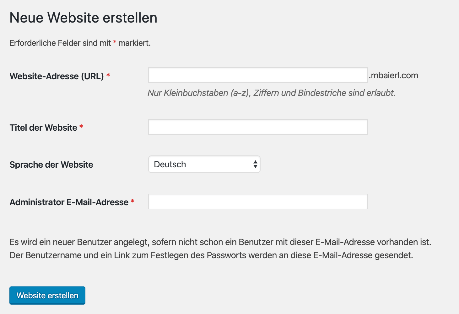 WordPress Multisite Netzwerk: Neue Website erstellen